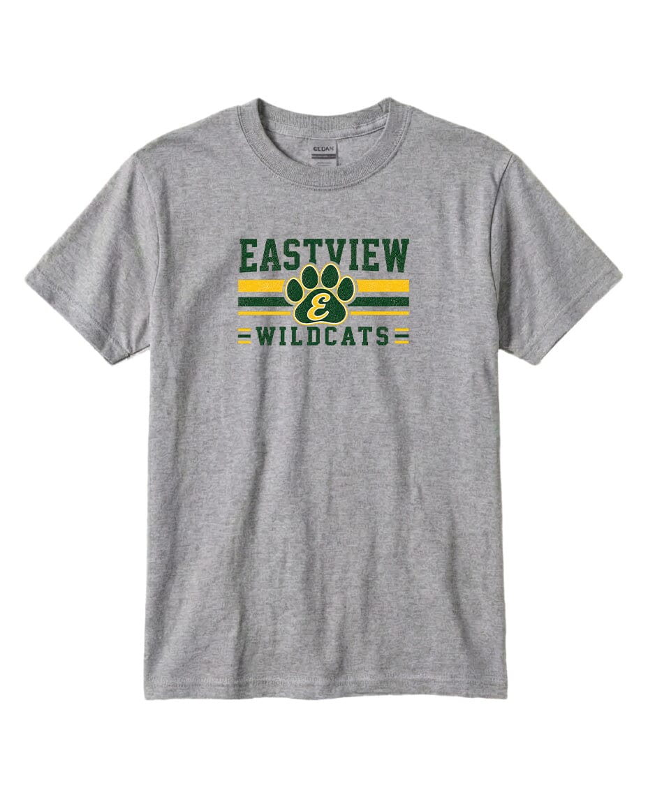 A gray t-shirt with a graphic design featuring the text "EASTVIEW WILDCATS" and a paw print logo.