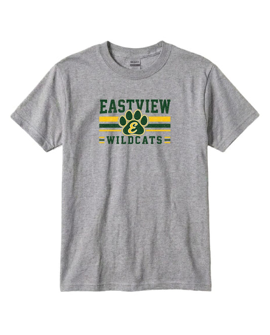 A gray t-shirt with a graphic design featuring the text "EASTVIEW WILDCATS" and a paw print logo.
