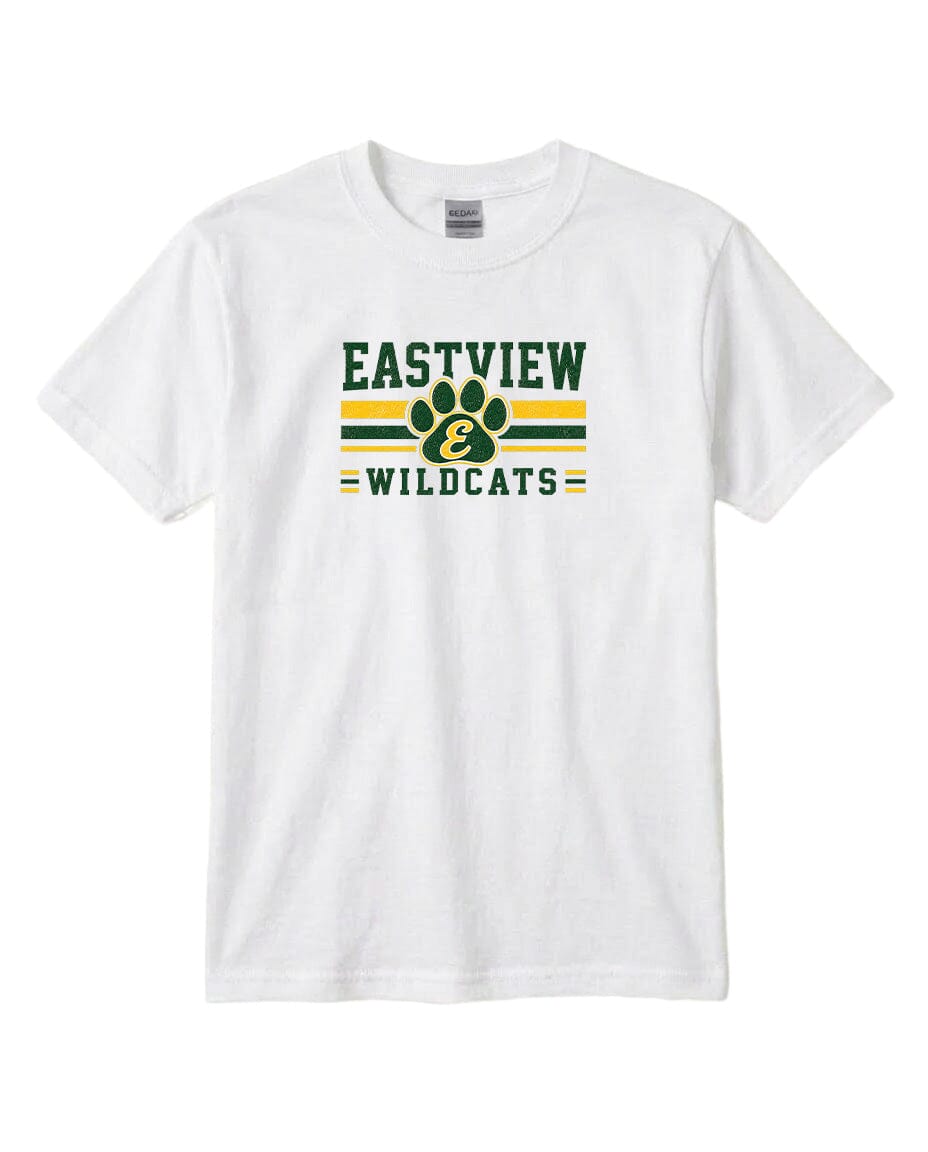 A white t-shirt with a graphic design featuring the text "EASTVIEW WILDCATS" and a paw print symbol.