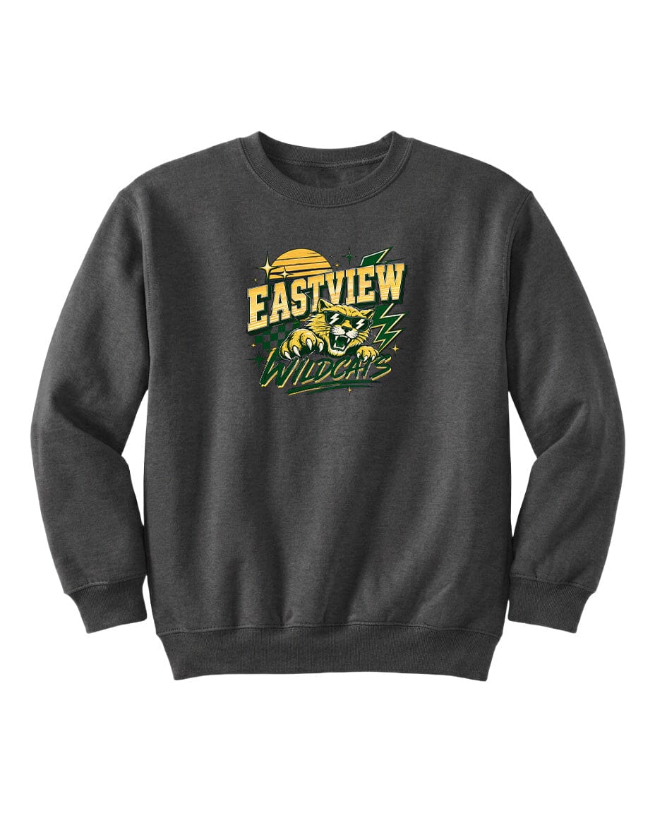 A gray sweatshirt with a graphic design featuring a sun and a bear.