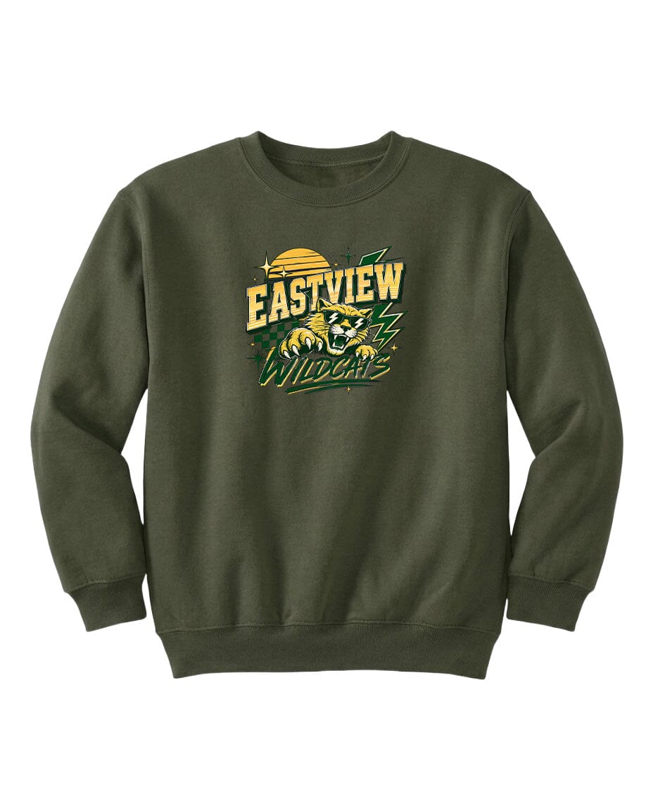 A dark green sweatshirt with a graphic design featuring a bear and the text "EASTVIEW WILDCATS" printed on it.