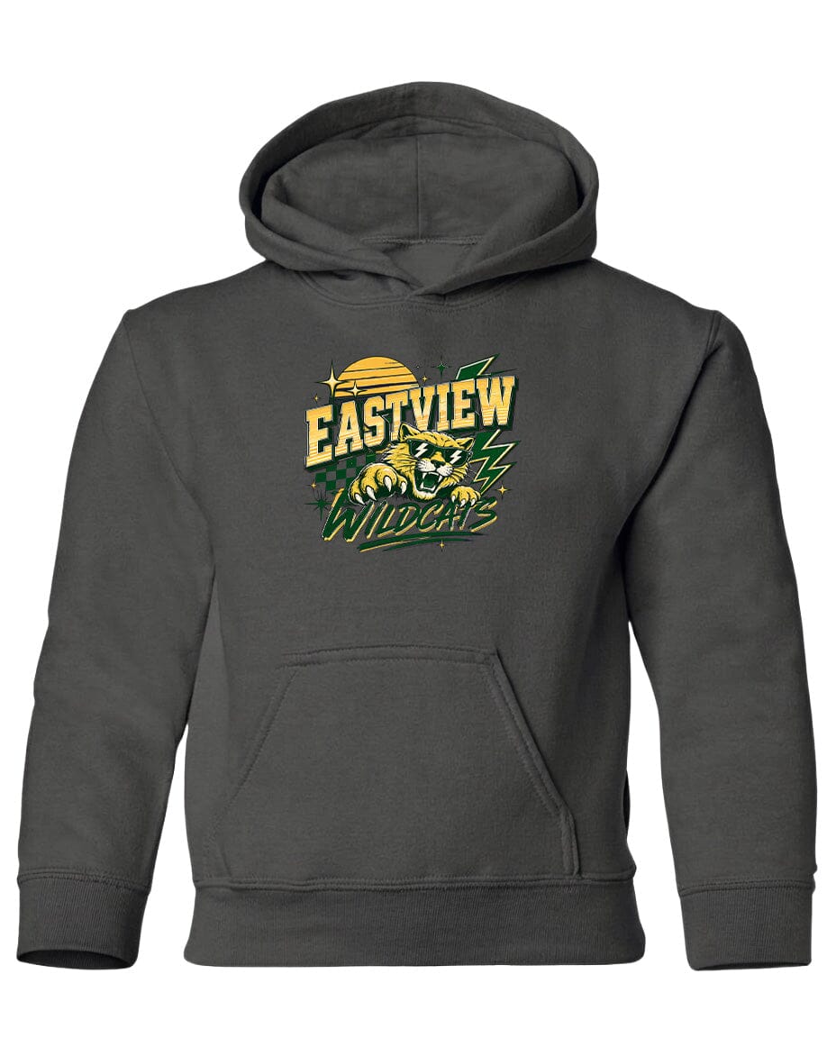 A gray hoodie with a graphic design featuring a panther and the text "EASTVIEW WILDCATS" printed on it.