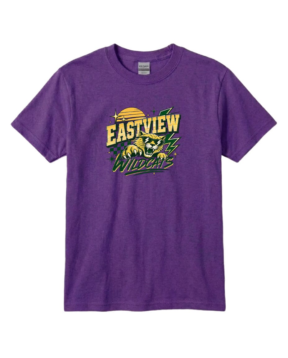 A purple t-shirt with a graphic design featuring a stylized sun and a wildcat.