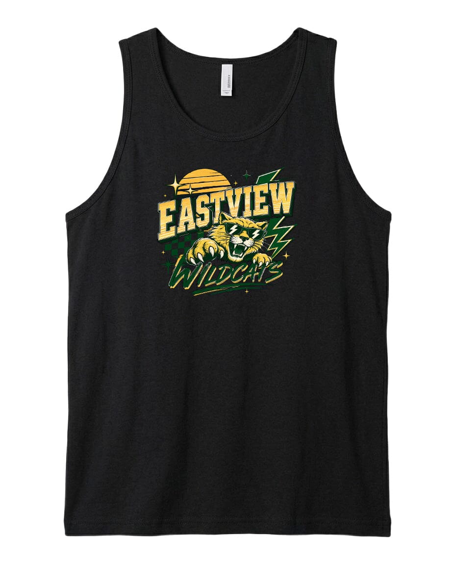 A black tank top with a graphic design featuring a tiger and the text "EASTVIEW WILDCATS" printed on it.