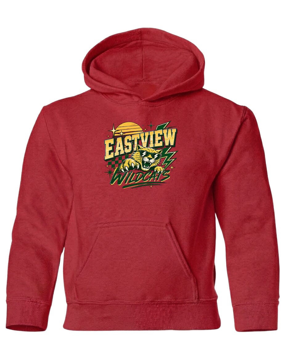A red hoodie with a graphic design featuring a panther and the text "EASTVIEW WILDCATS" printed on it.