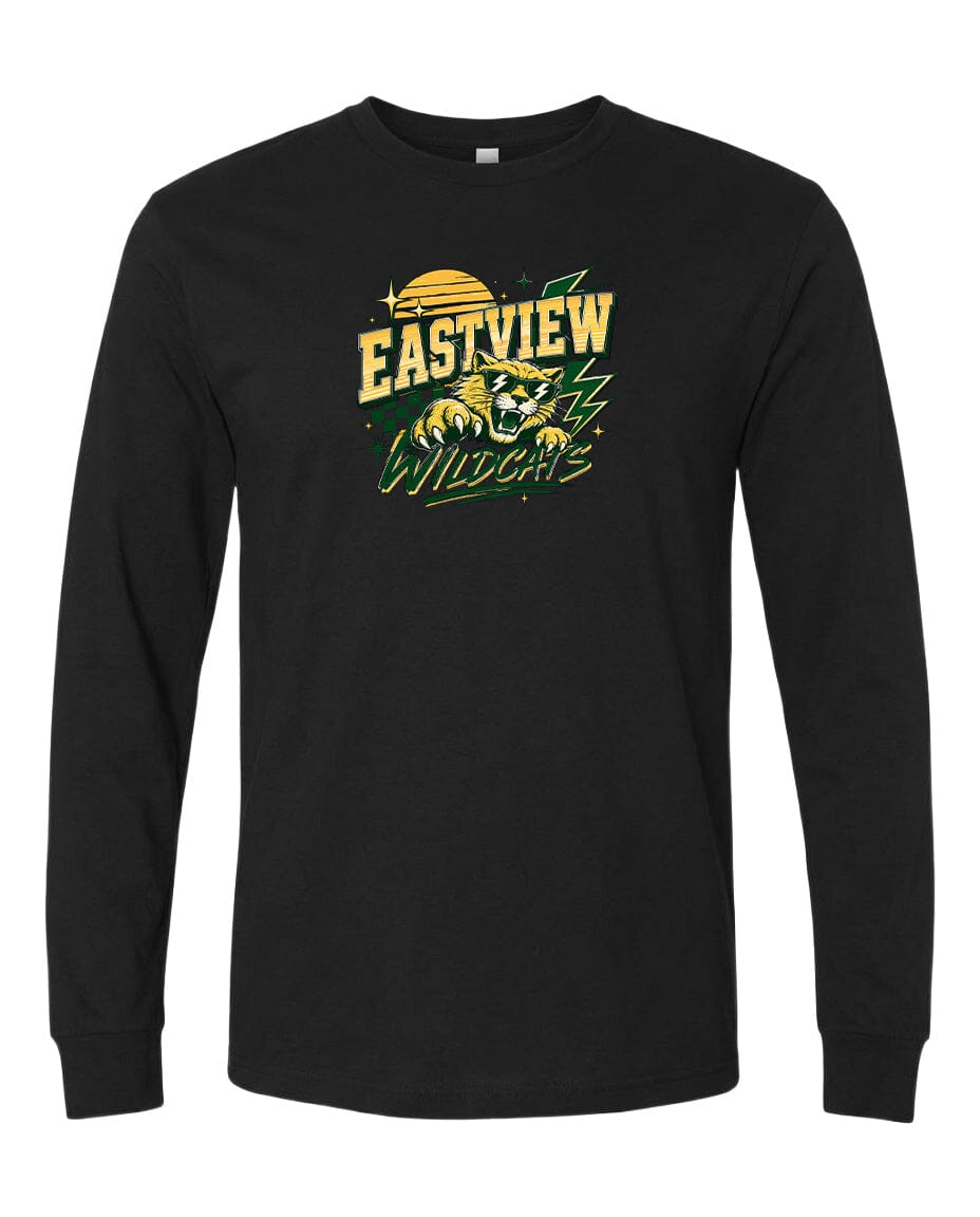 A black long-sleeved t-shirt with a graphic design featuring a yellow sun and a yellow and green logo that says "EASTVIEW WILDCATS".