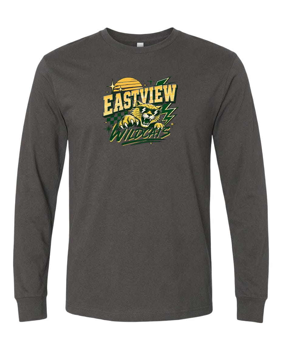 A gray long-sleeved t-shirt with a graphic design featuring a yellow and green logo that says "EASTVIEW WILDCATS".