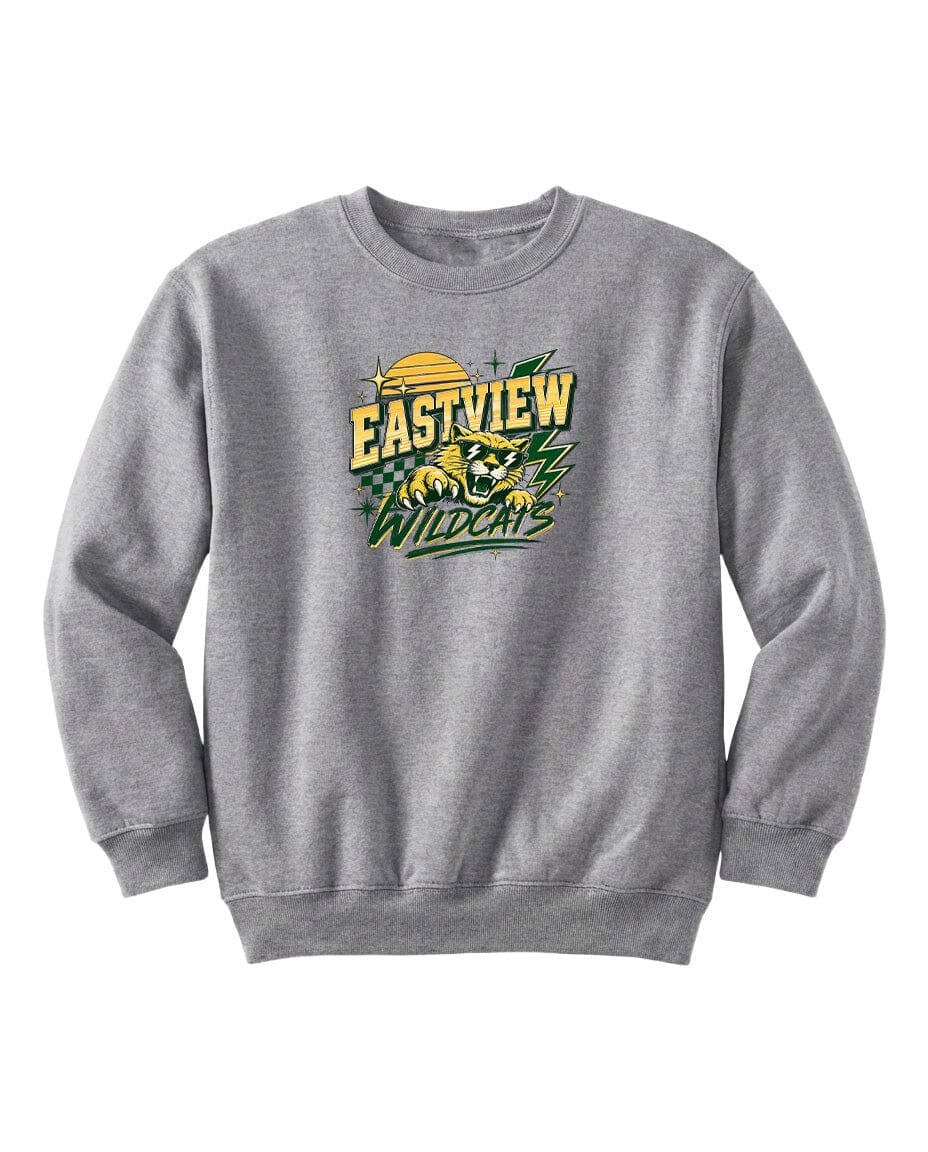 A gray sweatshirt with a graphic design featuring a sun and a tiger.