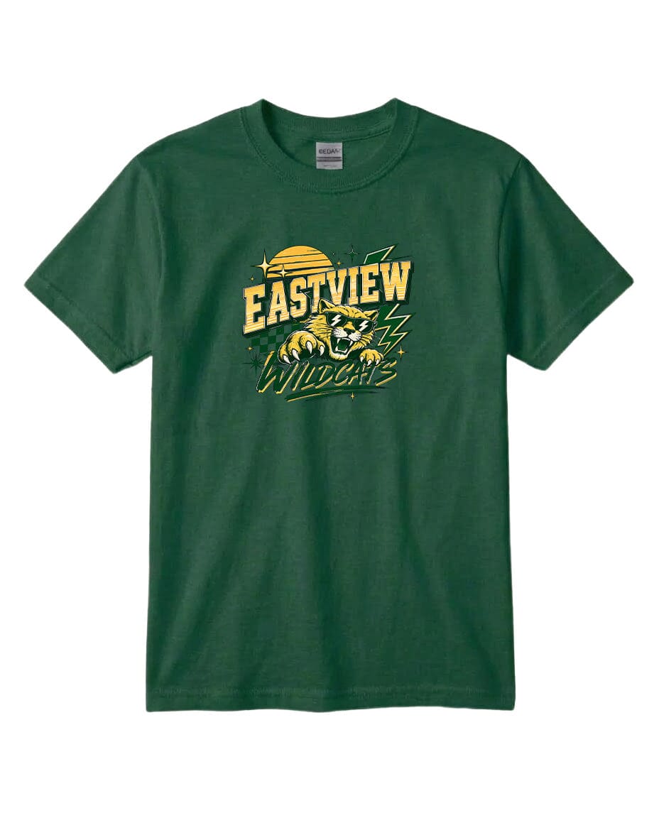 A green t-shirt with a graphic design featuring a stylized tiger or wildcat and the text "EASTVIEW WILDCATS" printed on it.