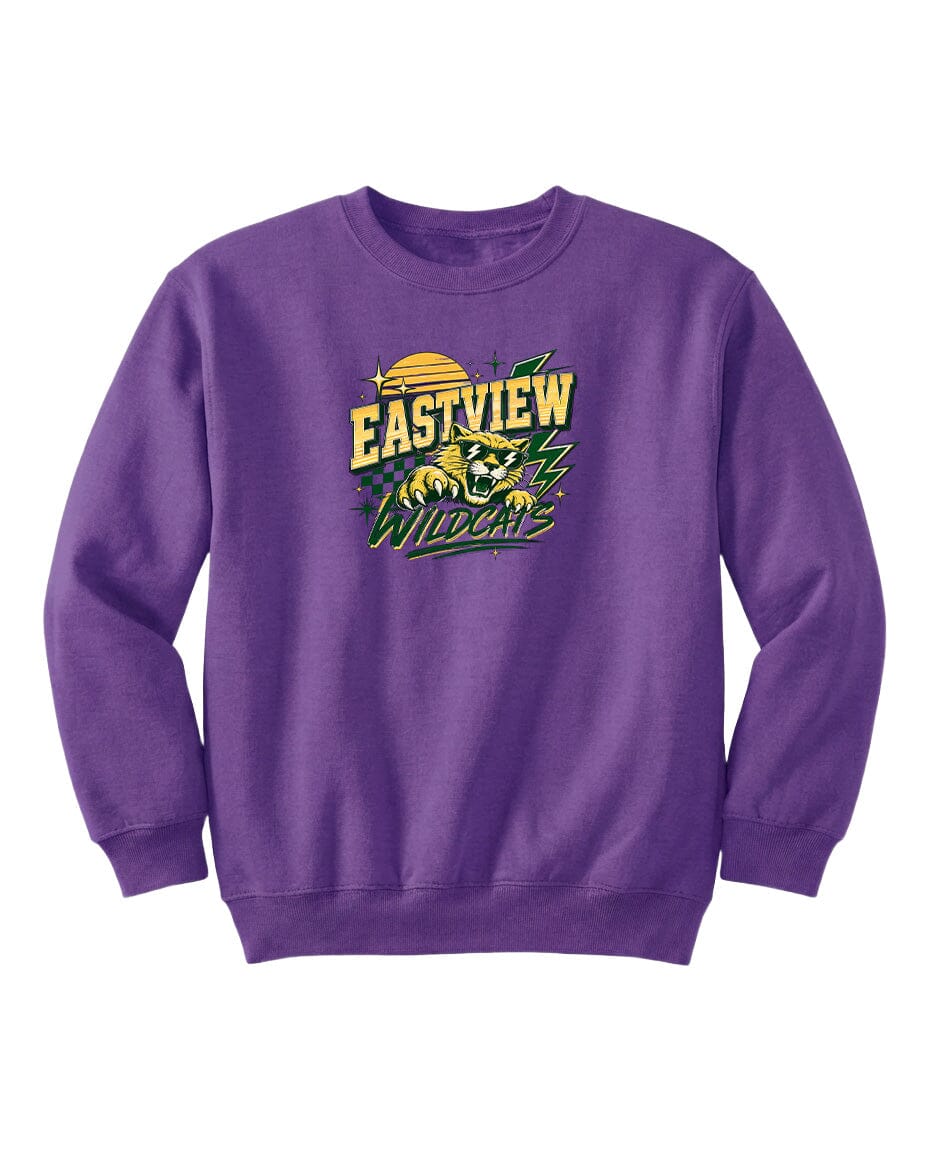 A purple sweatshirt with a graphic design featuring a tiger and the text "EASTVIEW WILDCATS".