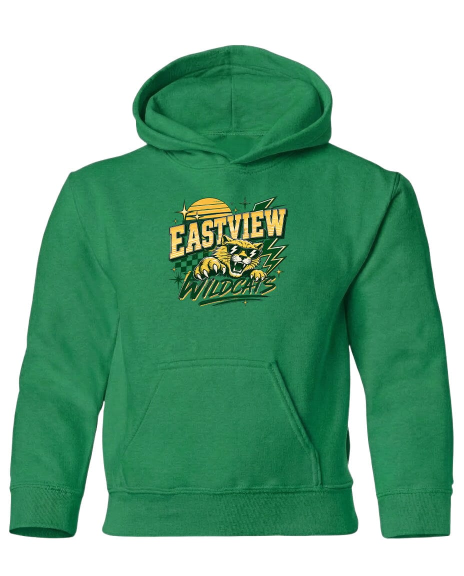 A green hoodie with a graphic design featuring a tiger and the text "EASTVIEW WILDCATS".