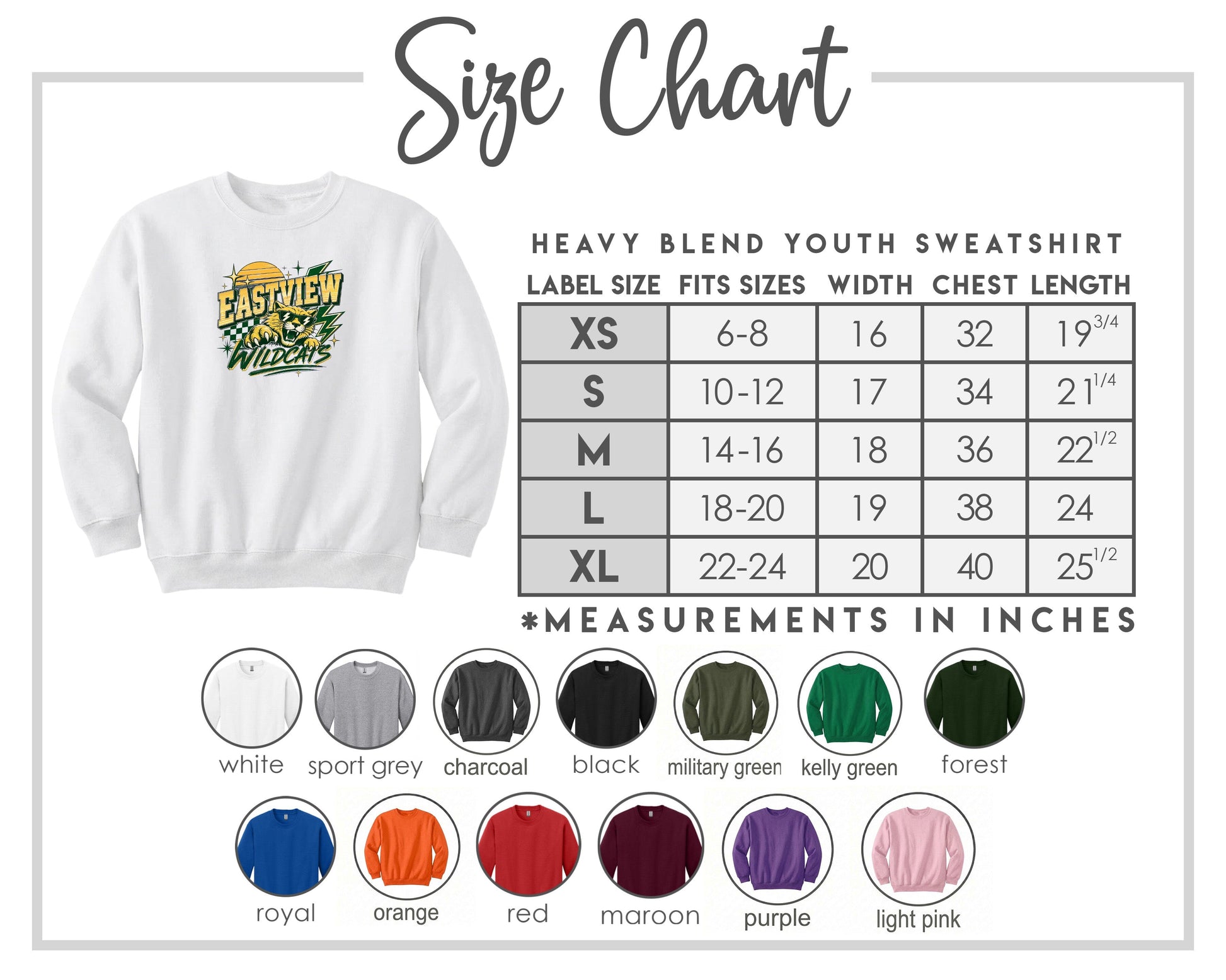 The image is a size chart for a heavy blend youth sweatshirt, including various color options and corresponding measurements in inches.