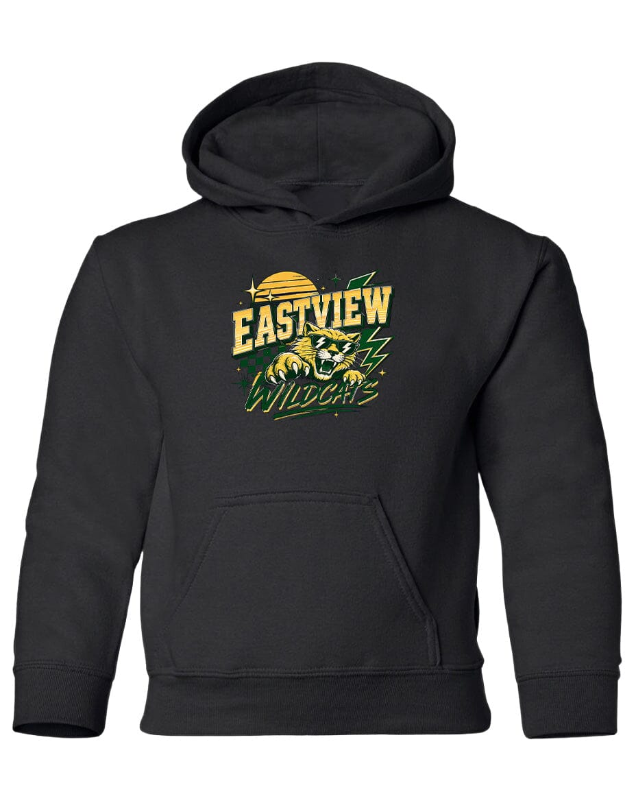 A black hoodie with a graphic design featuring a panther and the text "EASTVIEW WILDCATS" printed on it.