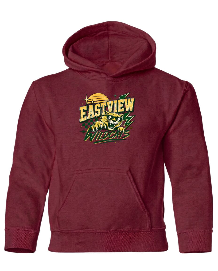 A burgundy-colored hooded sweatshirt with a graphic design on the front.