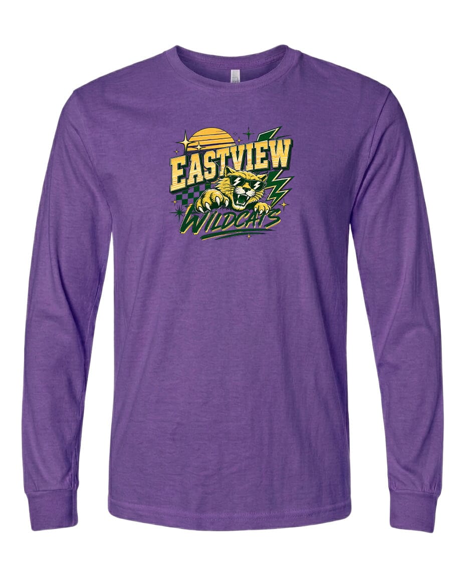 A purple long-sleeved t-shirt with a graphic design featuring a yellow sun and green lightning bolts, along with the text "EASTVIEW WILDCATS".