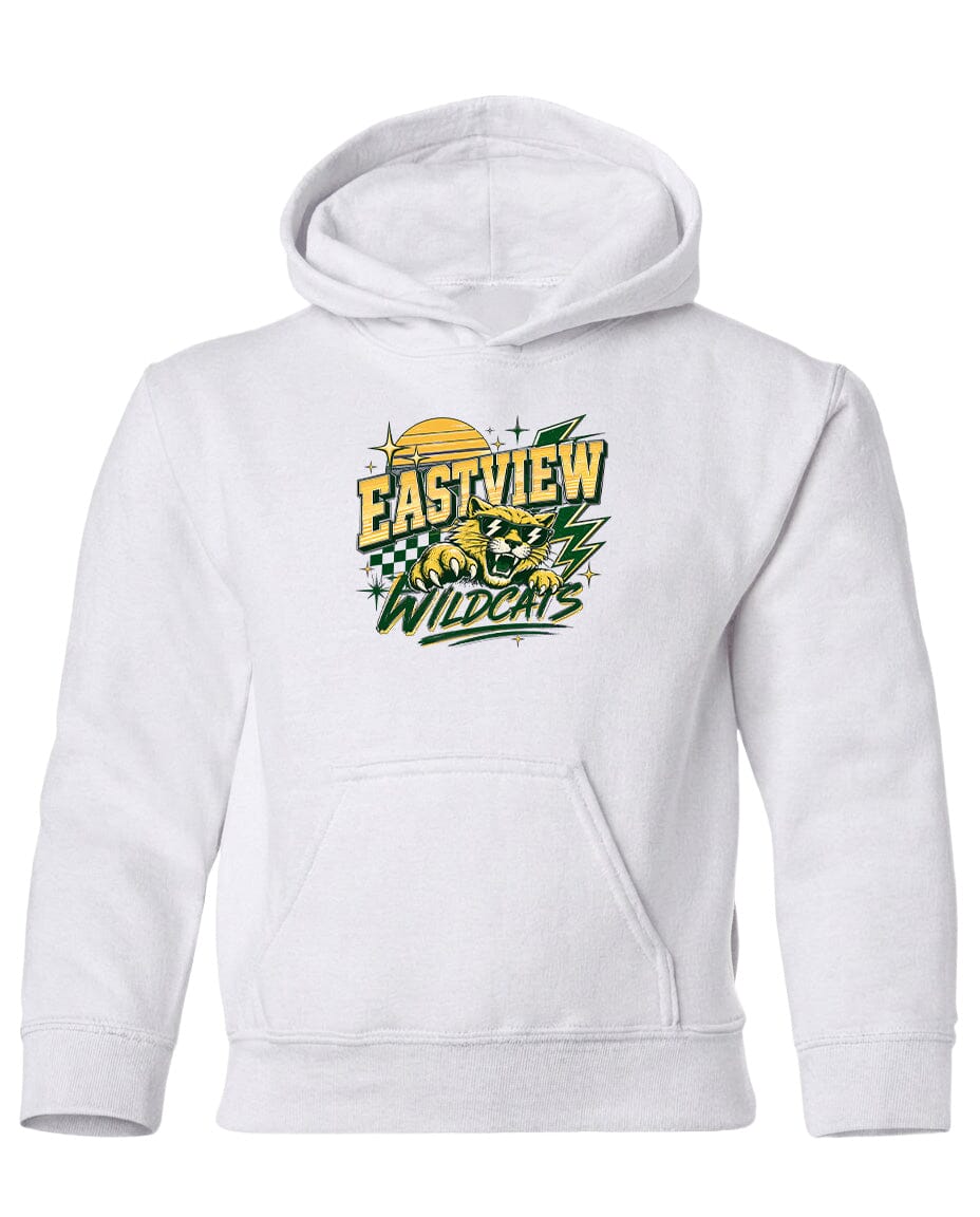 A white hoodie with a graphic design featuring a yellow sun and green leaves, along with the text "EASTVIEW WILDCATS".