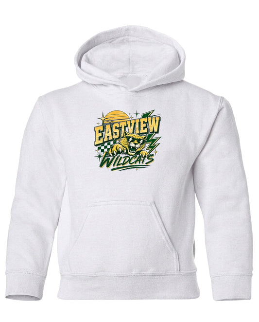 A white hoodie with a graphic design featuring a yellow sun and green leaves, along with the text "EASTVIEW WILDCATS".