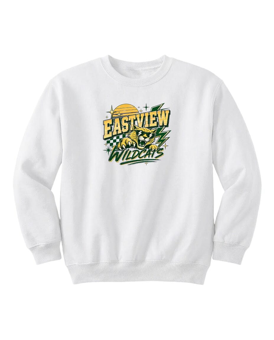 A white sweatshirt with a graphic design featuring a sun and lightning bolt, along with the text "EASTVIEW WILDCATS".