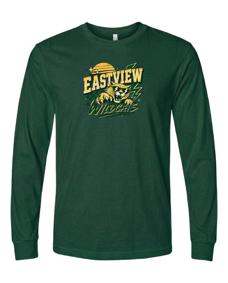 A dark green long-sleeved t-shirt with a graphic design featuring a yellow sun and a yellow lightning bolt, along with the text "EASTVIEW WILDCATS".