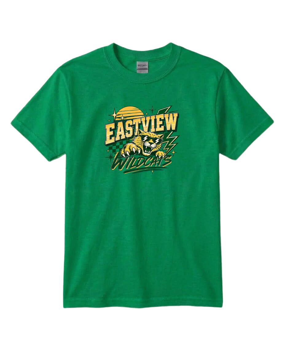 A green t-shirt with a graphic design featuring a stylized cat and the text "EASTVIEW WILDCATS" printed on it.