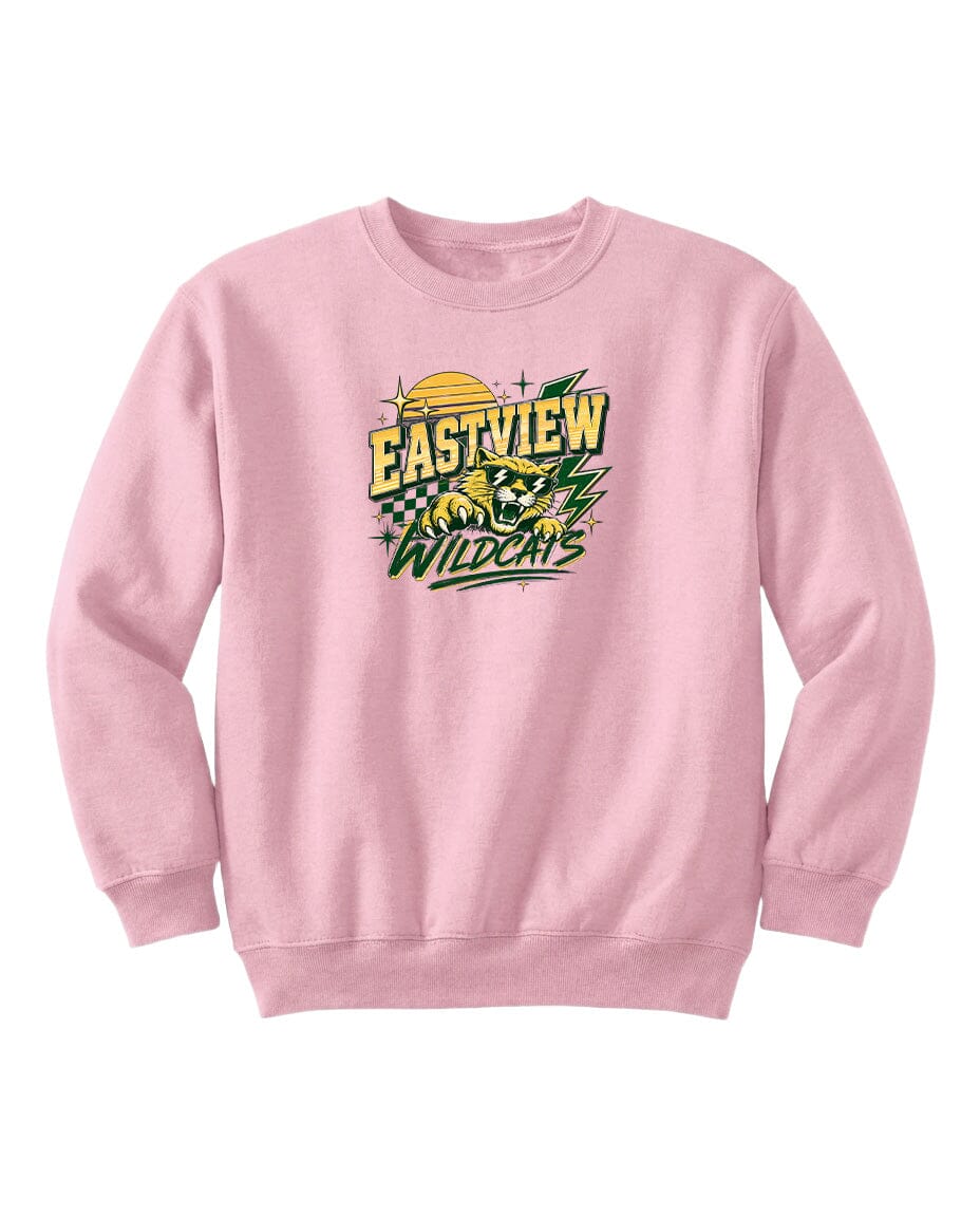 A pink sweatshirt with a graphic design featuring a sun and a checkered pattern, along with the text "EASTVIEW WILDCATS".