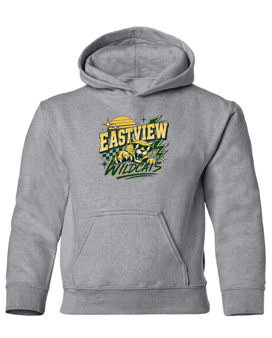 A gray hoodie with a graphic design featuring a tiger and the text "EASTVIEW WILDCATS".