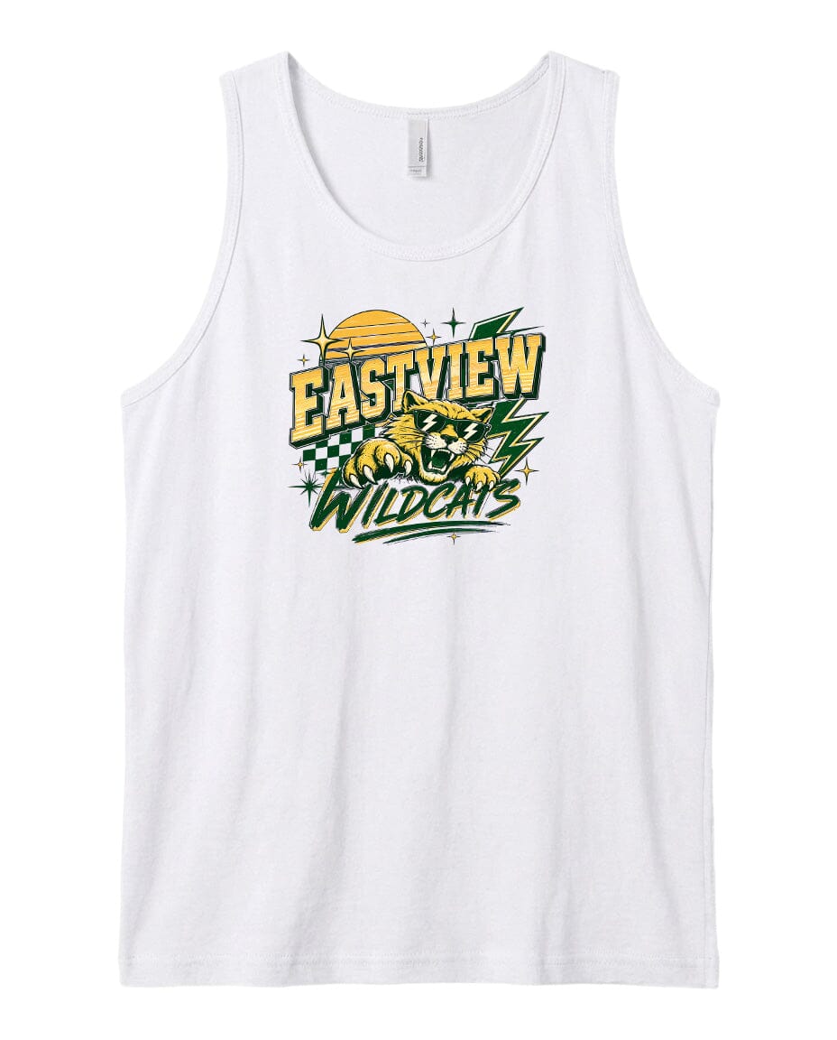 A white tank top with a graphic design featuring a panther and the text "EASTVIEW WILDCATS".