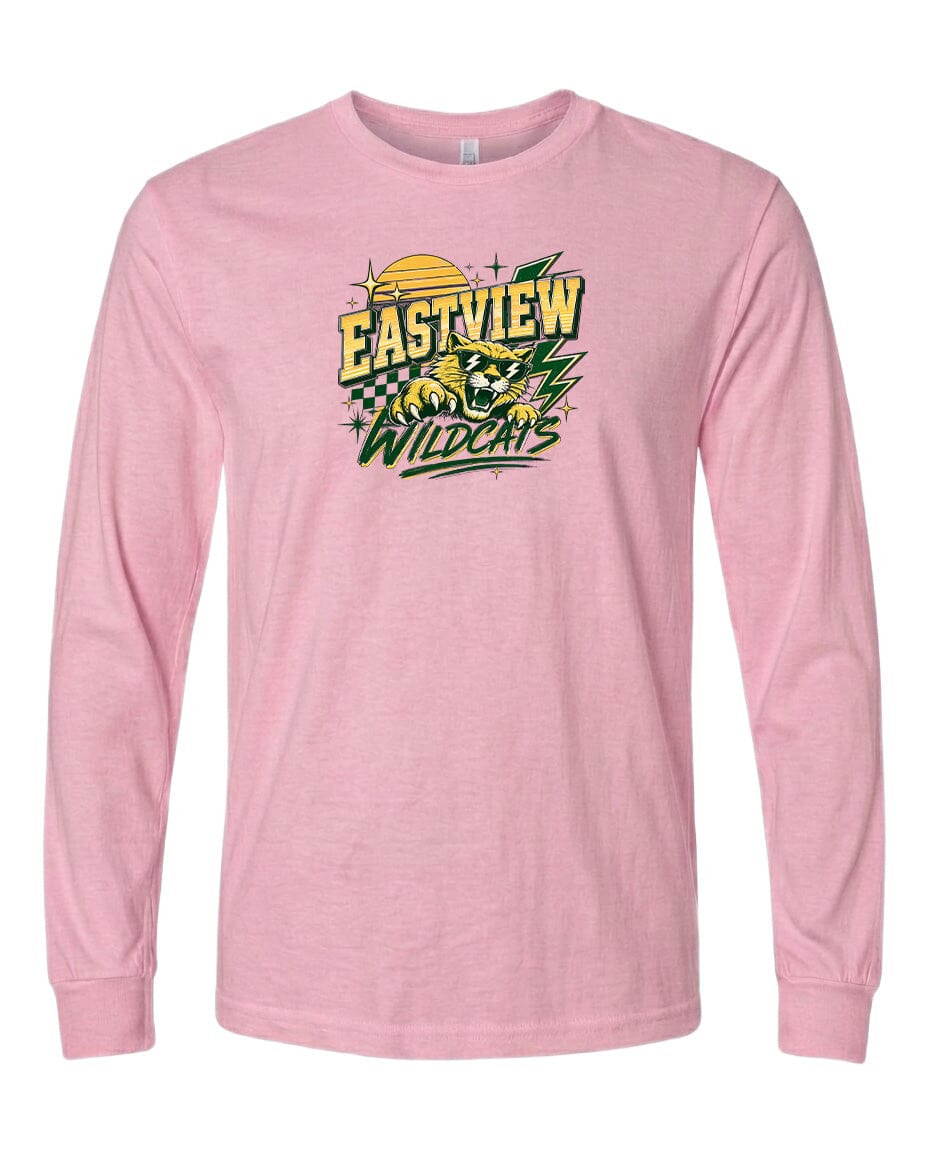 A pink long-sleeved t-shirt with a graphic design featuring a tiger and the text "EASTVIEW WILDCATS".