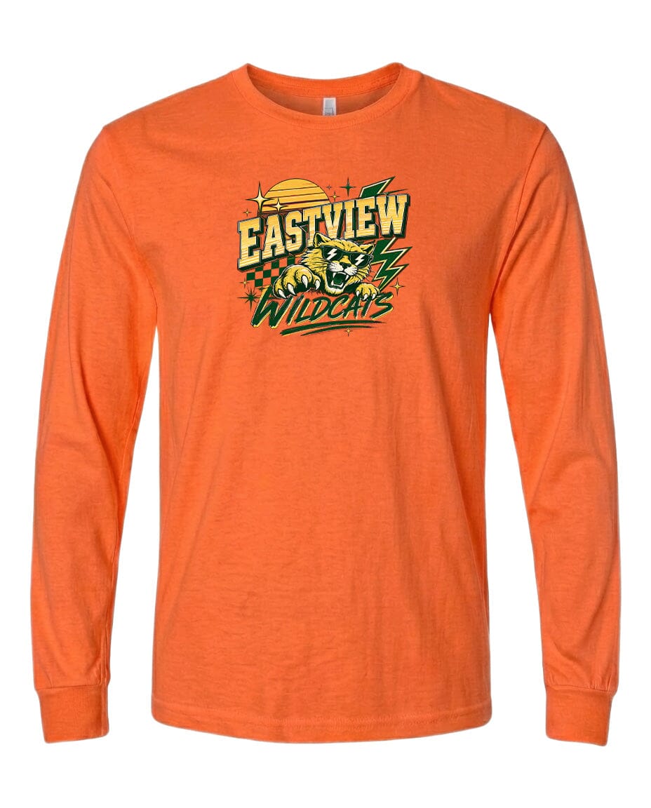 An orange long-sleeved t-shirt with a graphic design featuring a stylized sun and lightning bolt, along with the text "EASTVIEW WILDCATS".