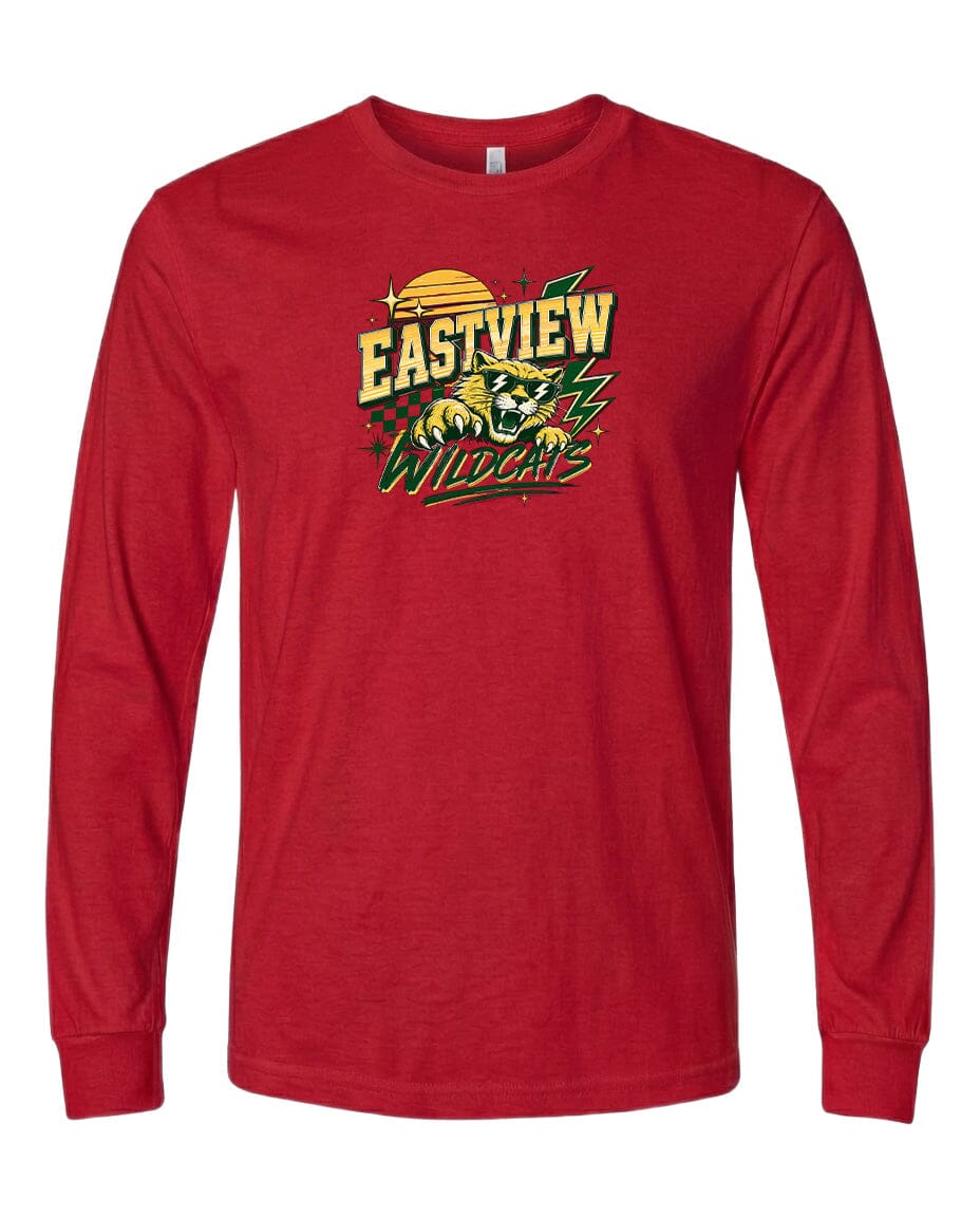 A red long-sleeved t-shirt with a graphic design featuring a stylized bear and the text "EASTVIEW WILDCATS" printed on it.