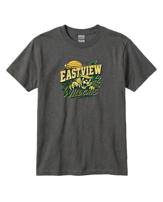 A gray t-shirt with a graphic design featuring a stylized sun and a wildcat.