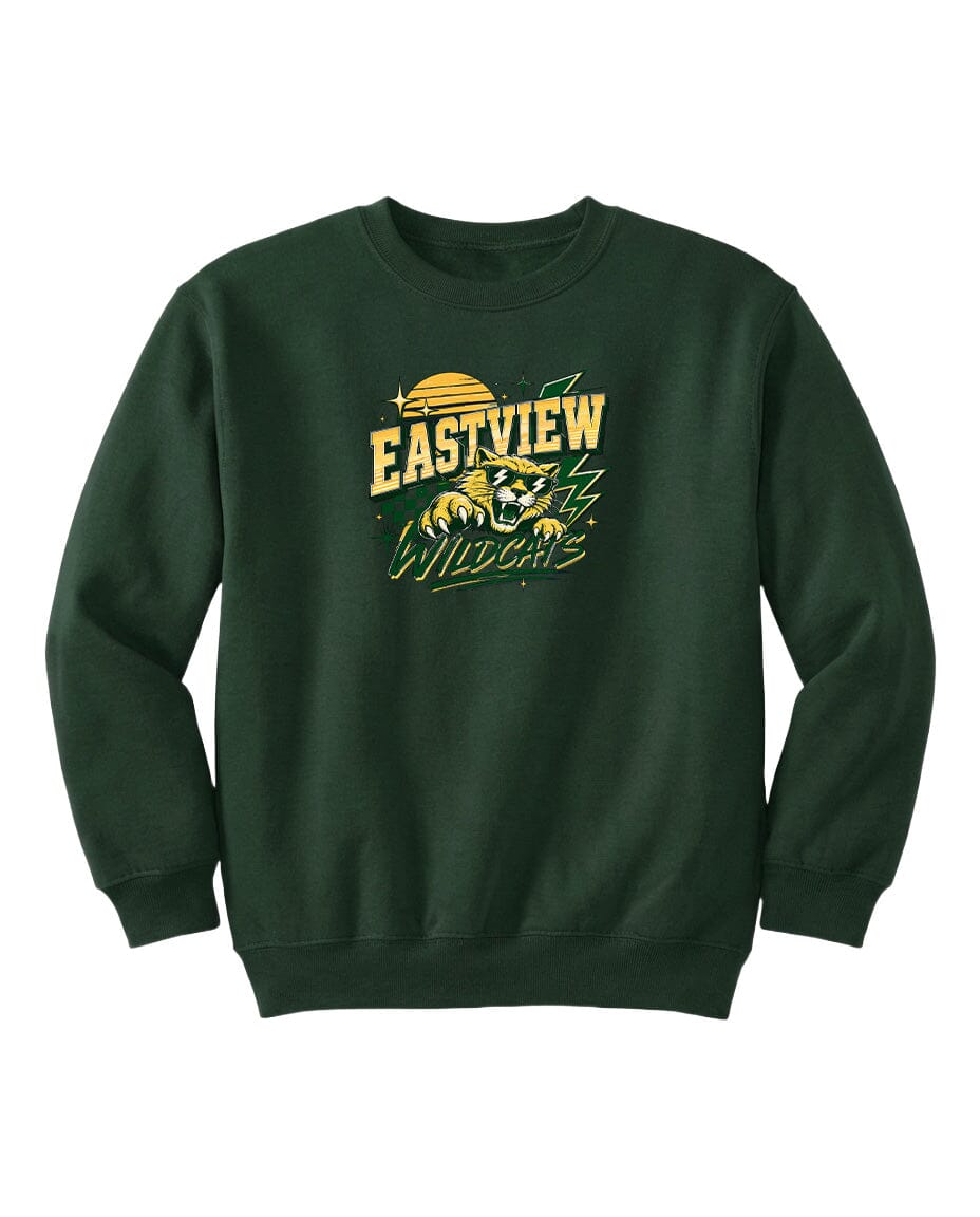 A dark green sweatshirt with a graphic design featuring a yellow sun and the text "EASTVIEW WILDCATS" printed on it.