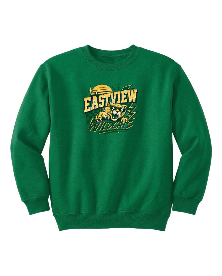 A green sweatshirt with a graphic design featuring a yellow sun and the text "EASTVIEW WILDCATS" printed on it.
