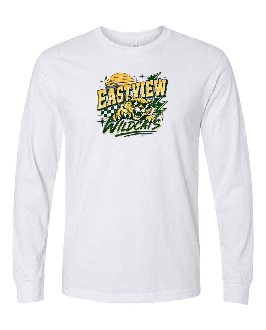 A white long-sleeved t-shirt with a graphic design featuring a tiger and the text "EASTVIEW WILDCATS".