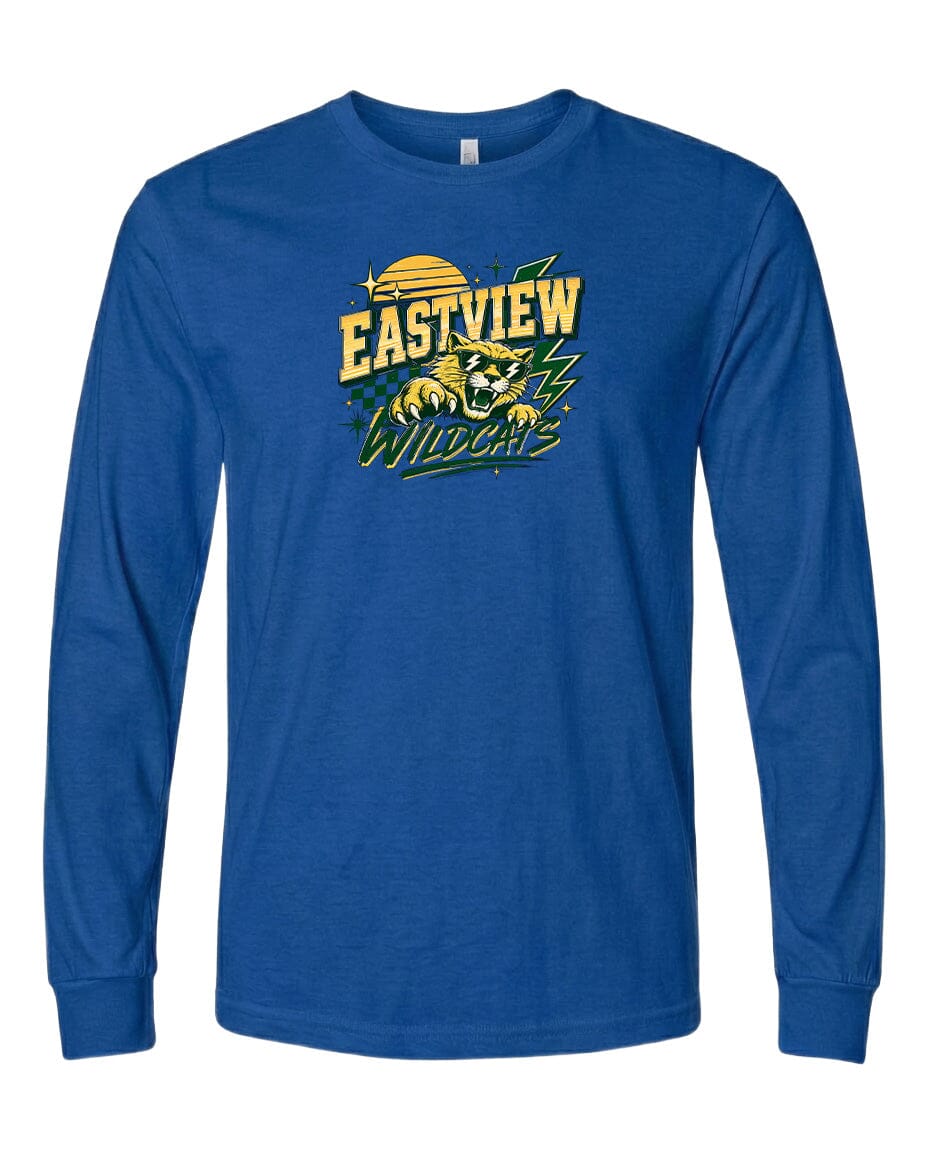 A blue long-sleeved t-shirt with a graphic design featuring a yellow sun and green lightning bolts, along with the text "EASTVIEW WILDCATS".