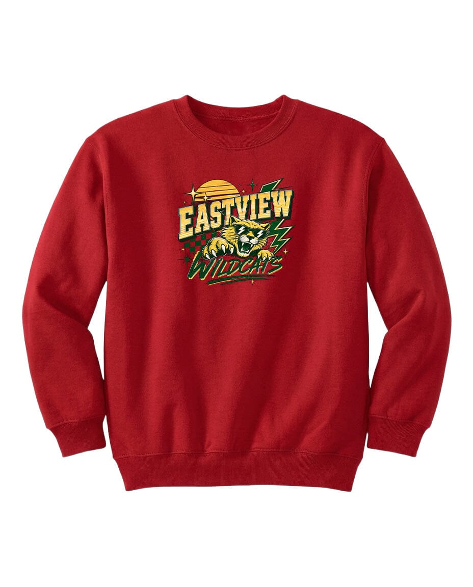 A red sweatshirt with a graphic design featuring a stylized bear and the text "EASTVIEW WILDCATS" printed on it.