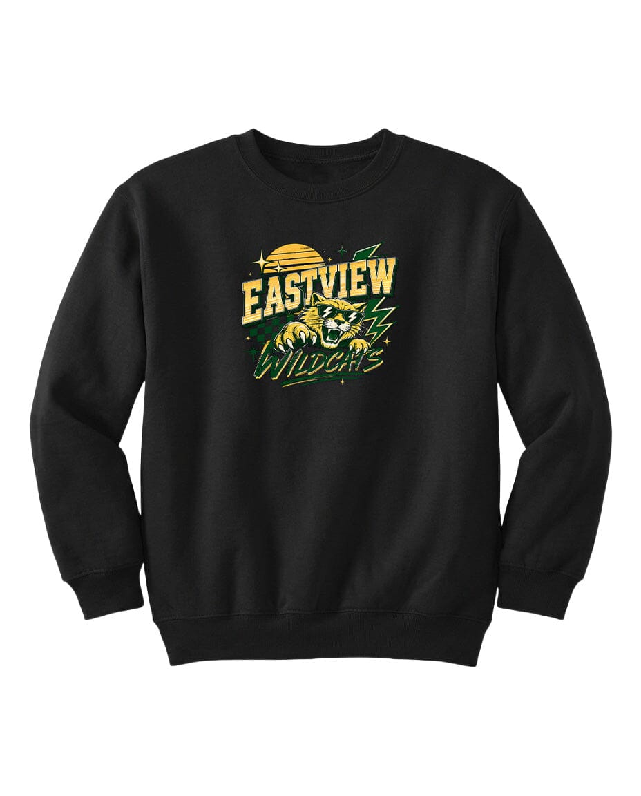 A black sweatshirt with a graphic design featuring a yellow sun and the text "EASTVIEW WILDCATS" printed on it.