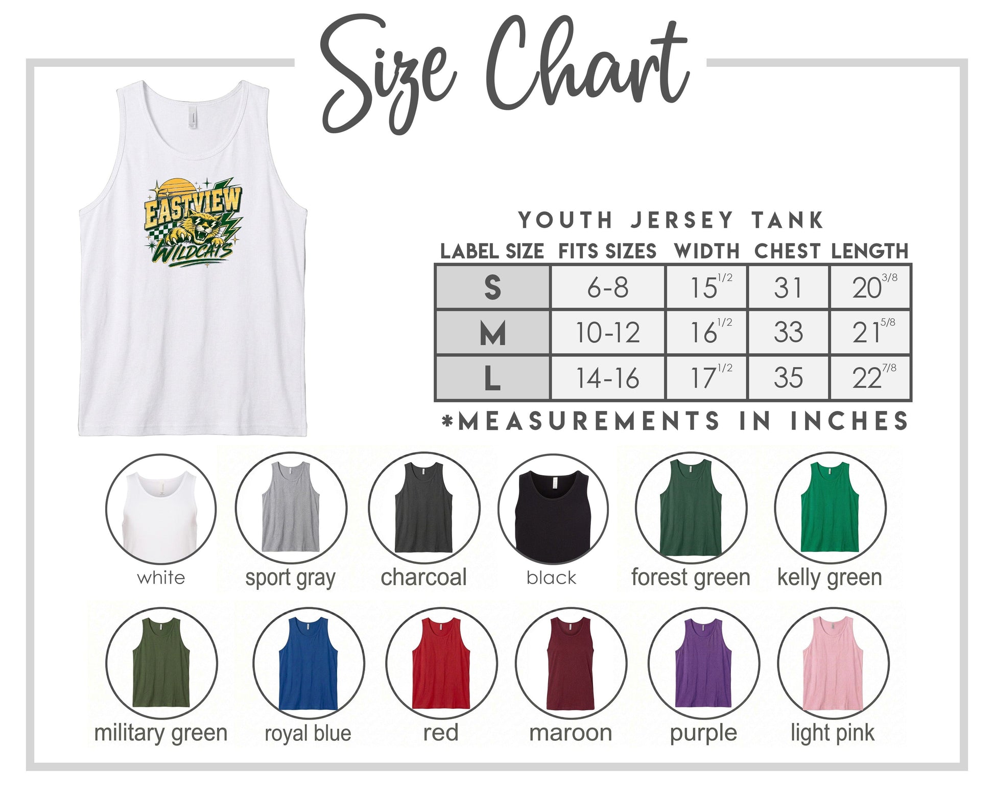 The image is a size chart for a youth jersey tank, displaying various color options and corresponding measurements in inches.