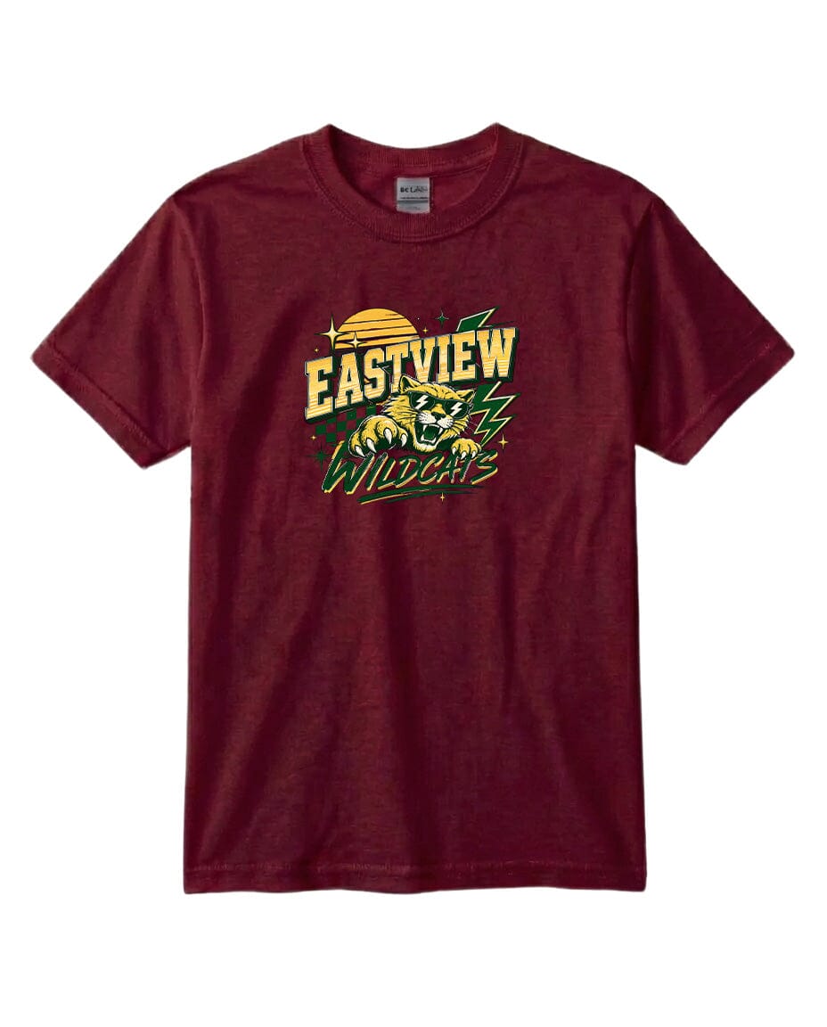A burgundy-colored t-shirt with a graphic design featuring a stylized sun and a panther.