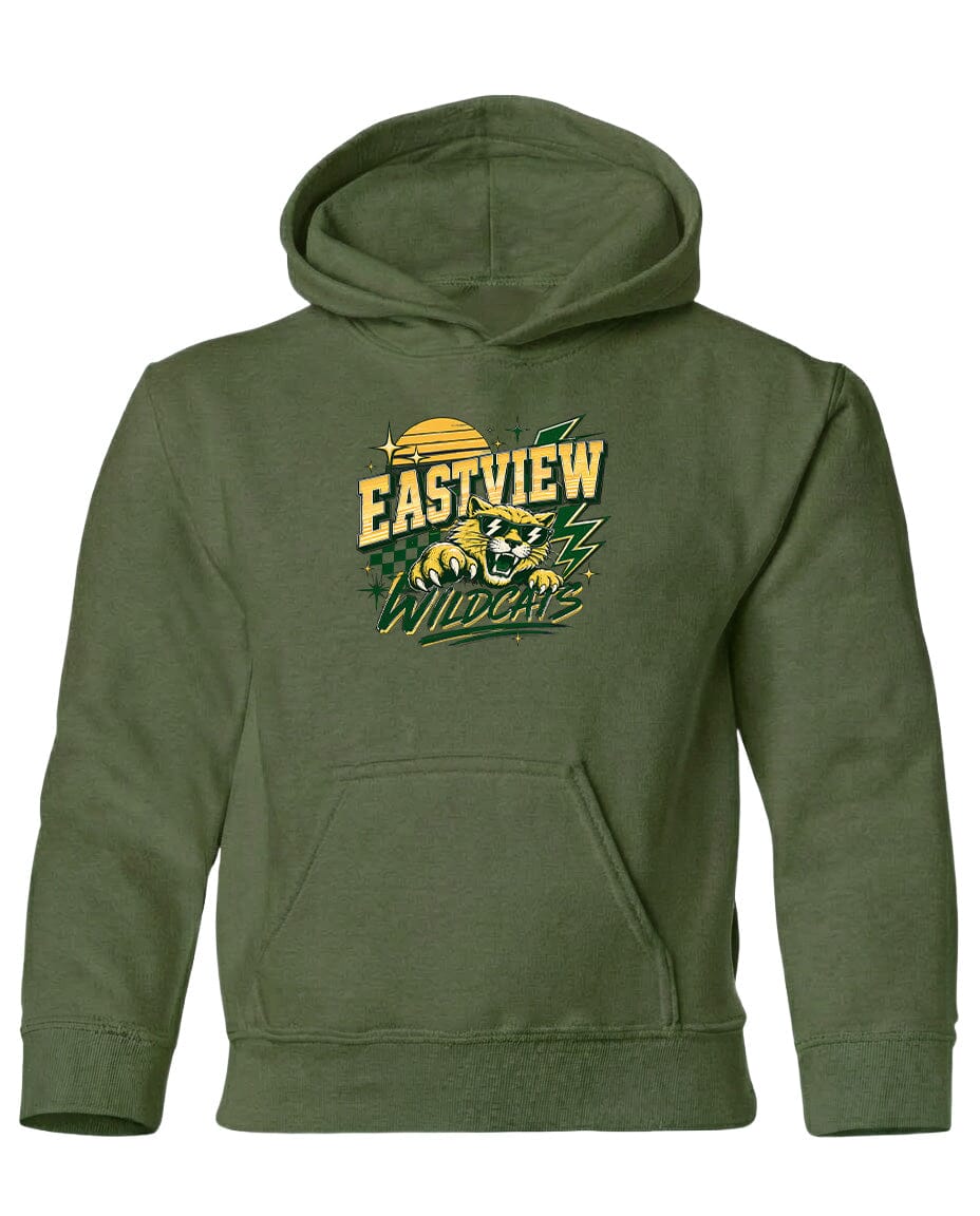 A green hoodie with a graphic design featuring a panther and the text "EASTVIEW WILDCATS" printed on it.