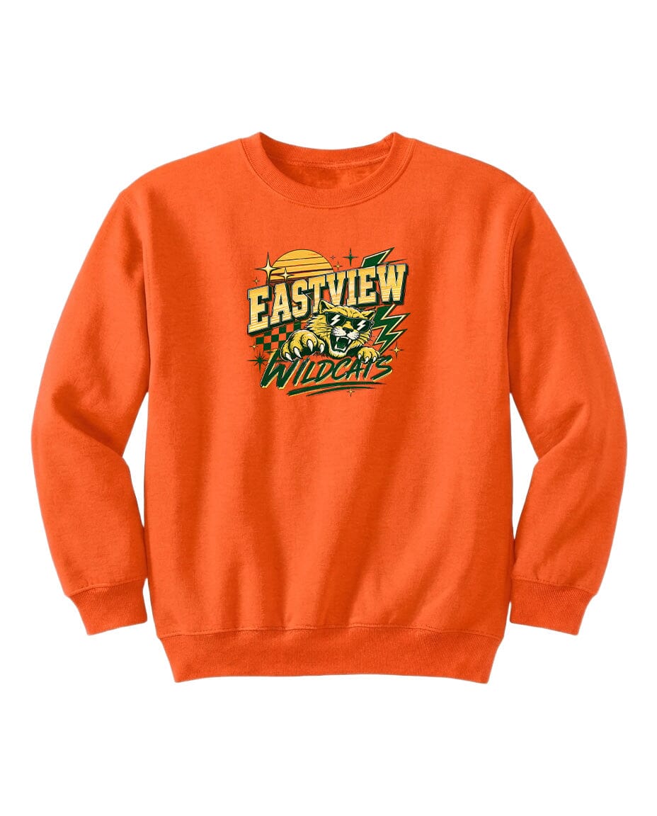 An orange sweatshirt with a graphic design featuring a stylized sun and the text "EASTVIEW WILDCATS" printed on it.