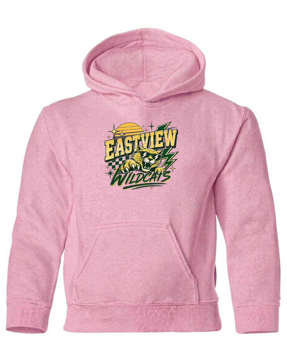 A pink hoodie with a graphic design featuring a panther and the text "EASTVIEW WILDCATS".