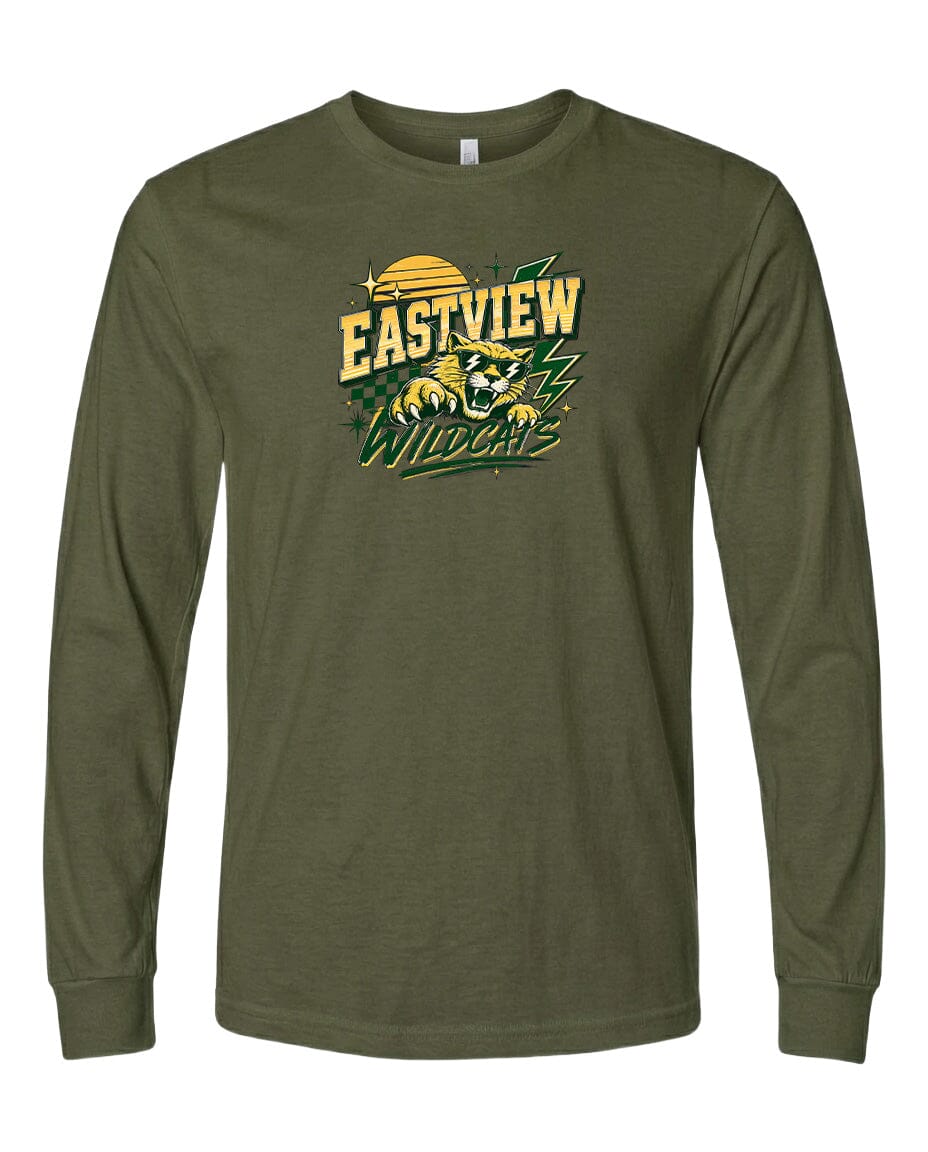 A long-sleeved olive green t-shirt with a graphic design featuring a yellow sun and a green and yellow wildcat.