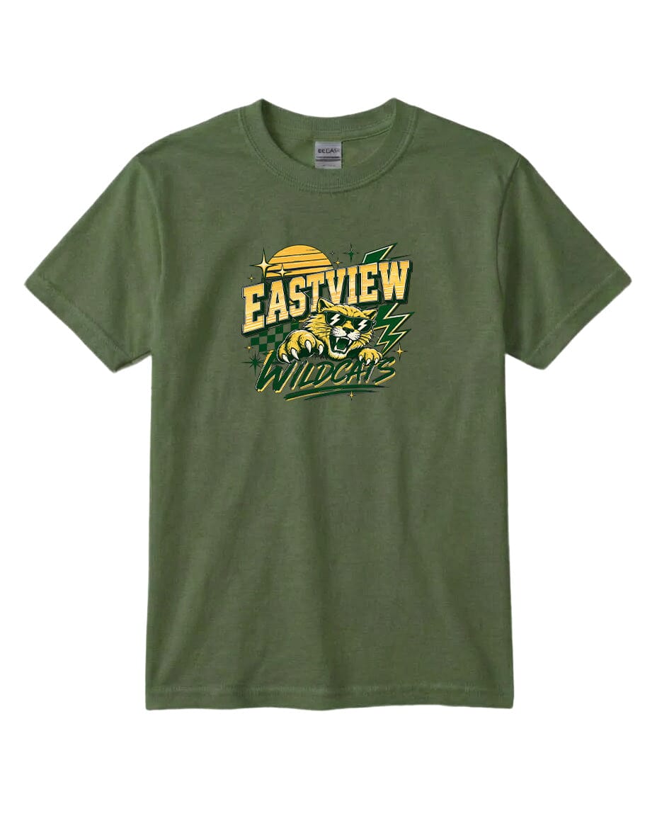 A green t-shirt with a graphic design featuring a stylized bear and the text "EASTVIEW WILDCATS" printed on it.