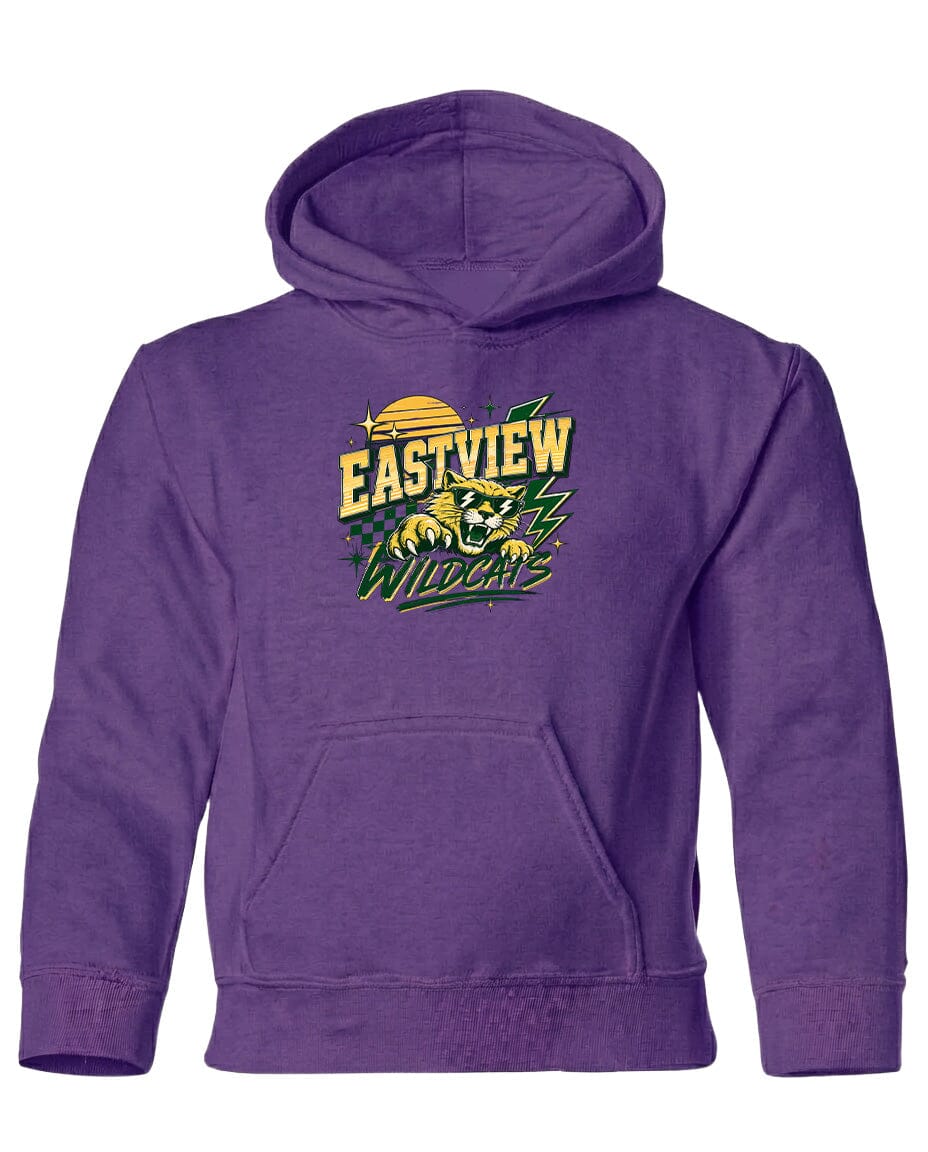A purple hoodie with a graphic design featuring a panther and the text "EASTVIEW WILDCATS" printed on it.