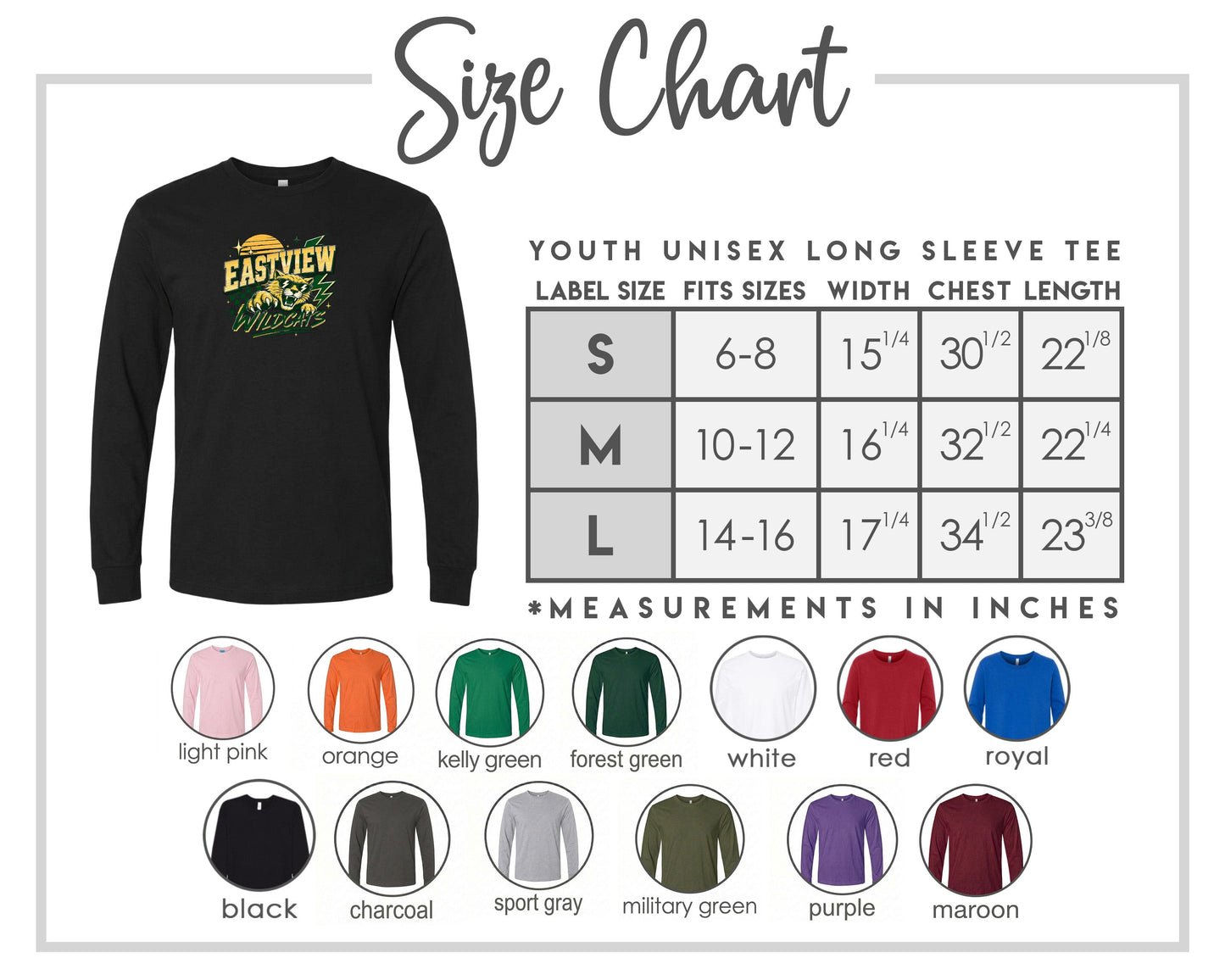 The image is a size chart for a youth unisex long sleeve tee, including various color options and corresponding measurements.
