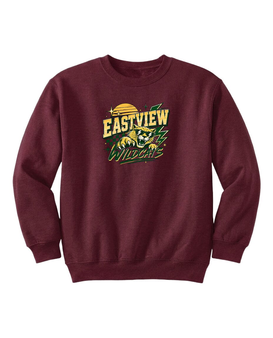 A burgundy sweatshirt with a graphic design featuring a sun and a bear.
