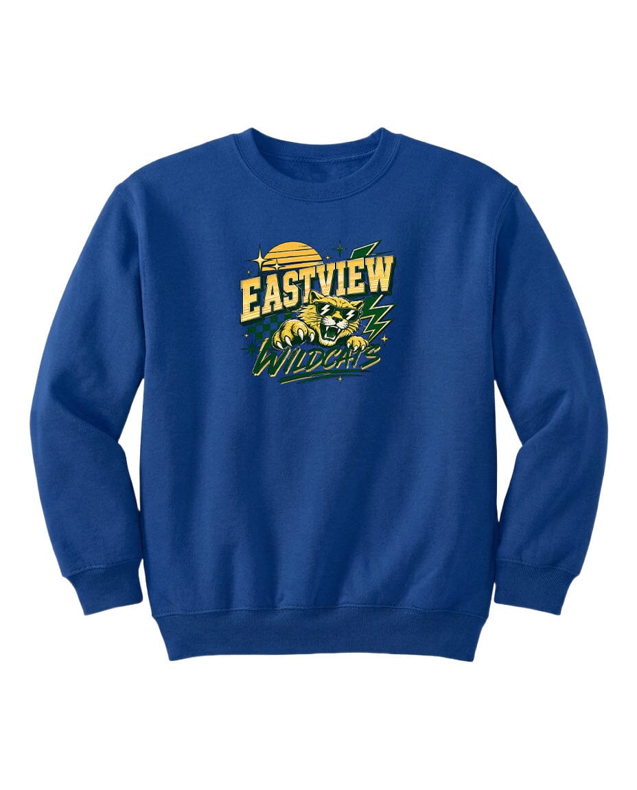 A blue sweatshirt with a graphic design featuring a yellow sun and the text "EASTVIEW WILDCATS" printed on it.