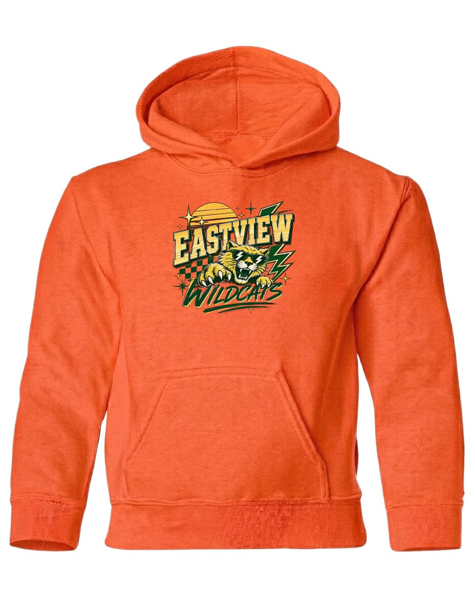 An orange hoodie with a graphic design featuring a panther and the text "EASTVIEW WILDCATS".