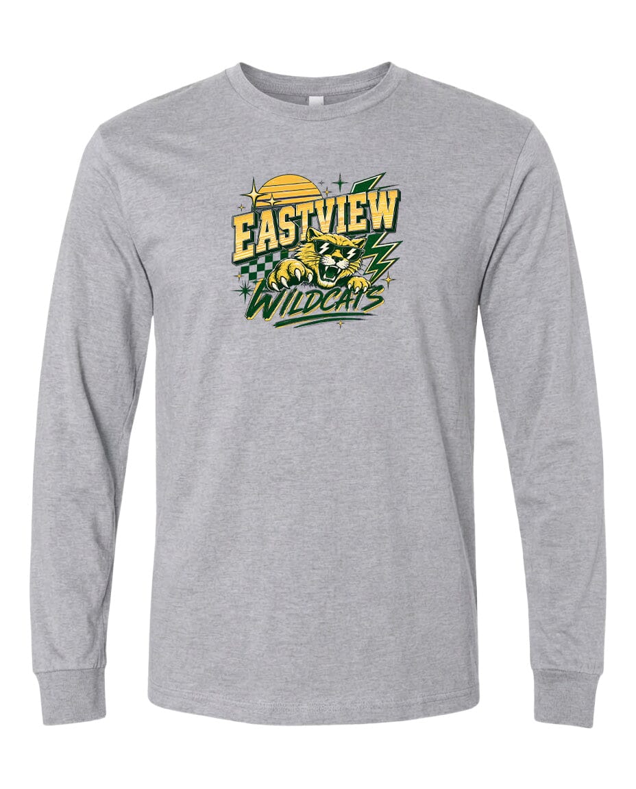 A gray long-sleeved t-shirt with a graphic design featuring a tiger and the text "EASTVIEW WILDCATS".